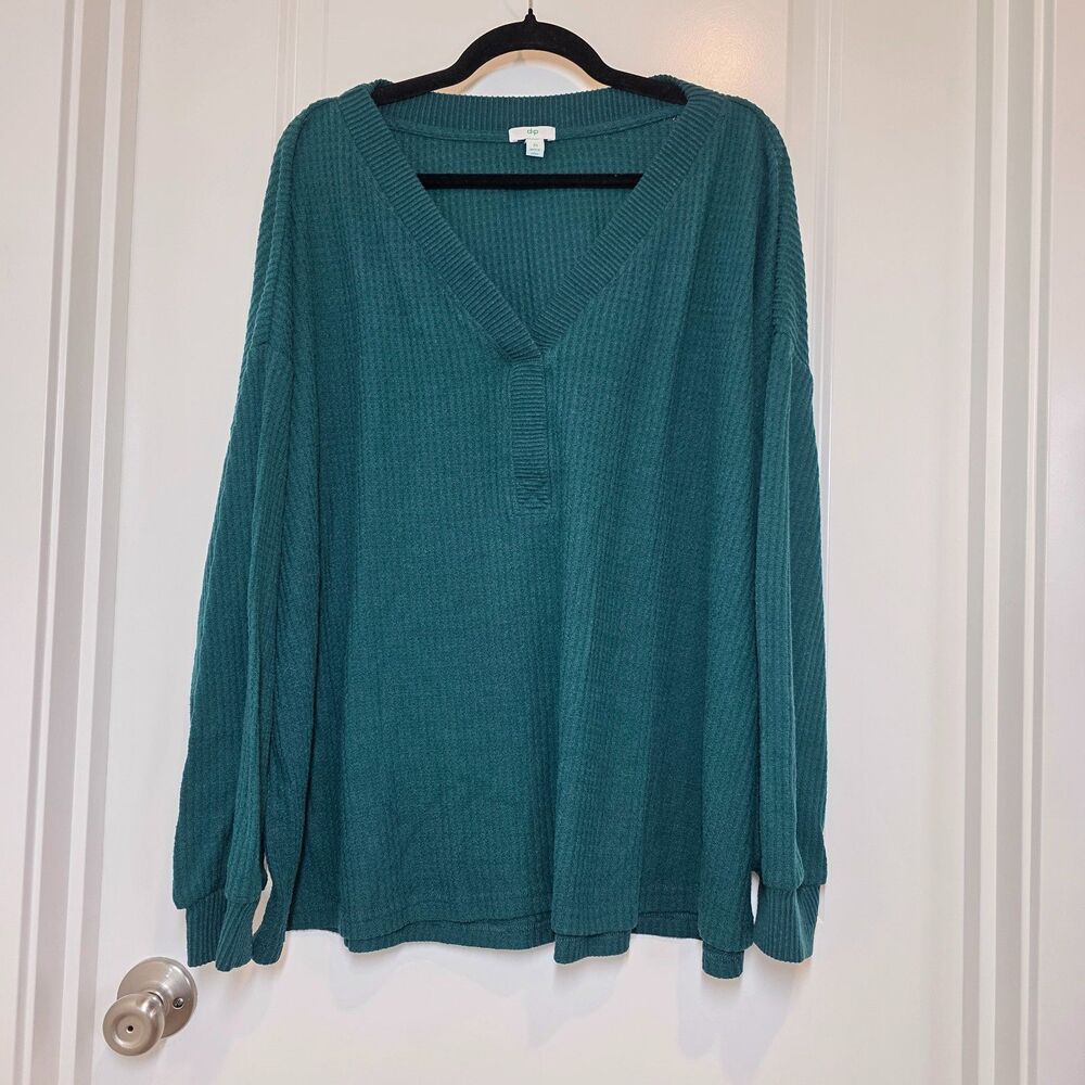 Dip V Neck Waffle Knit Pullover Sweater 3X Forest Green Relaxed Cozy Normcore